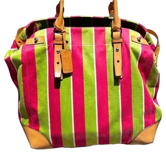 🌻Tumi Hot Pink & Neon Green Leather & Picclic Fabric Tote Bag Size Large - Picture 3 of 12